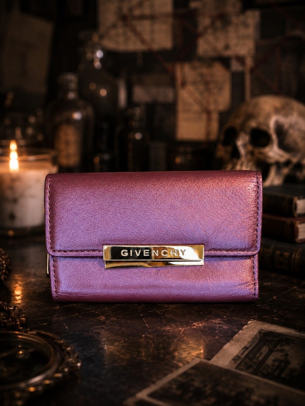 Givenchy Metallic Burgundy Leather 5 Key Holder Wallet Gold Logo Made in Italy